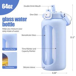 BLUEGO 64oz Glass Water Bottle with Handle and Straw, Motivational Sports Water Bottle with Time Marker and Silicone Sleeve Leakproof Drinking Bottle for Travel Gym Workout, Light Blue