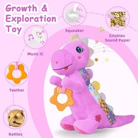Baby Dino Plush Soft Stuffed Animal Toy for 0-3-6-12+ Months,Infant Musical Toy with Rattle,Squeaker,Sensory Crinkle,Teether & Textures,Tummy Time Toys Christmas Baby Gift for Newborn Girl(Purple)