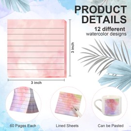 720 Pieces 12 Pads Watercolor Sticky Note Pads 3 x 3 Inch Lined Sticky Notes Watercolor Self Stick Notes with Lines Memo Pads Colorful for School Office Desktop Stationery Students Writing Supplies