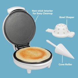 Waffle Cone and Bowl Maker for Homemade Ice Cream Cones- Includes Shaper Roller & Bowl Press- Electric Nonstick Waffler Iron Machine for Sundaes or DIY Dessert, Summer BBQ Gift Treat for Kids Adults