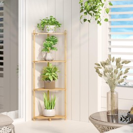 Wisuce Corner Shelf Stand - 4 Tier Bamboo Small Corner Bookshelf for Office Kitchen Bedroom Plant Stand Living Room Decor Small Space (Nature)