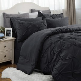 Bedsure California King Comforter Set - Cal King Bed Set 7 Pieces, Pinch Pleat Black Cali King Bedding Set with Comforter, Sheets, Pillowcases & Shams