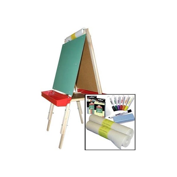 Beka Adjustable Double Sided Easel Combo #3, Magnetic and Chalkboard Surfaces, Top Paper Holder, Red Trays
