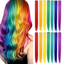 IAMERUI Multicolors Party Highlights Straight Hair Colorful Clip in Synthetic Hair Extensions in Multiple Colors Heat Resistant Long Hairpiece 14PCS(Rainbow Color)