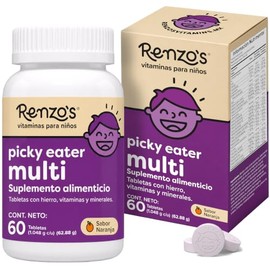 Renzo's Picky Eater | Multivitaminico para Niños | 18 Vitaminas y Minerales | 60 Tabs Masticables sin Azúcar | Vegano y Sin Alérgenos | Vitamina C, D3