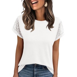 Ivicoer Short Sleeve Tops for Women Summer Casual Valentine Clothes Patchwork Lace Outfits White S
