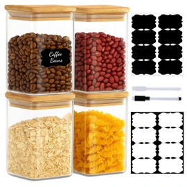 37oz(1.2Qt) Square Glass Storage Containers with Bamboo Lids – 4 Pack Clear Food Airtight Glass Jars for Pantry Organizers and Storage, Kitchen Dry Food, Coffee, Sugar, Flour, Snacks, Spices