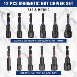 WORKPRO 12PCS 1/4” Magnetic Nut Driver Set, SAE & Metric Hex Nut Driver Set, 8-14mm and 1/4''-9/16'' Impact Nut Driver Bit Set, Nutsetter Driver Bits