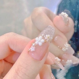 MouyouGlow Press on Nails Medium Length, Ballerina 3D Sakura Japan Flowers Cat Eye Magnetic French Beads Gold Line Fairy Fake Nails with Nail Glue, Floral Sweet Artificial Fingernails