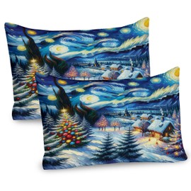 Ambesonne Christmas Pillow Sham Set of 2, Starry Night with Snowy Roof Houses and Xmas Tress Paint Print, Quality Microfiber Bedding Item for All Seasons, 30" x 20", Blue Evergreen and Mustard