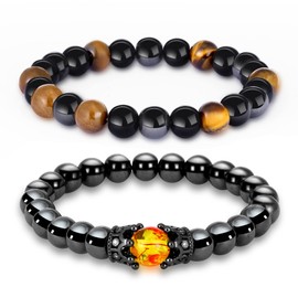 ZZ ZINFANDEL 2Pcs Anti Anxiety Obsidian Bracelets for Women Men Lymphatic Drainage Hemios Hematite Elastic Bangles Sets Yoga Beads Stress Relief Bracelets Anklet(B)