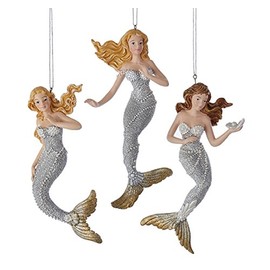 Kurt Adler Silver and Gold Under The Sea Mermaids Holiday Ornaments Set of 3