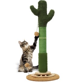 OTOB 36" Tall Cat Cactus Scratching Post, Natural Sisal Rope Cat Scratcher Post, Vertical 6-in-1 Interactive Turntable Cat Scratch Post with Soft Ball Toys, Protect Your Furniture (Green/Brown)