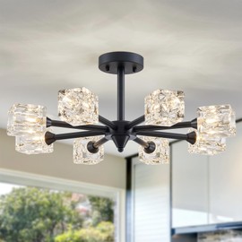 XINGQI Modern Black Chandelier Glass Ceiling Light Fixture 23" Farmhouse Sputnik Chandeliers 8-Light Semi Flush Mount Ceiling Lighting for Dining Room Living Room Home Office Bedroom Hallway