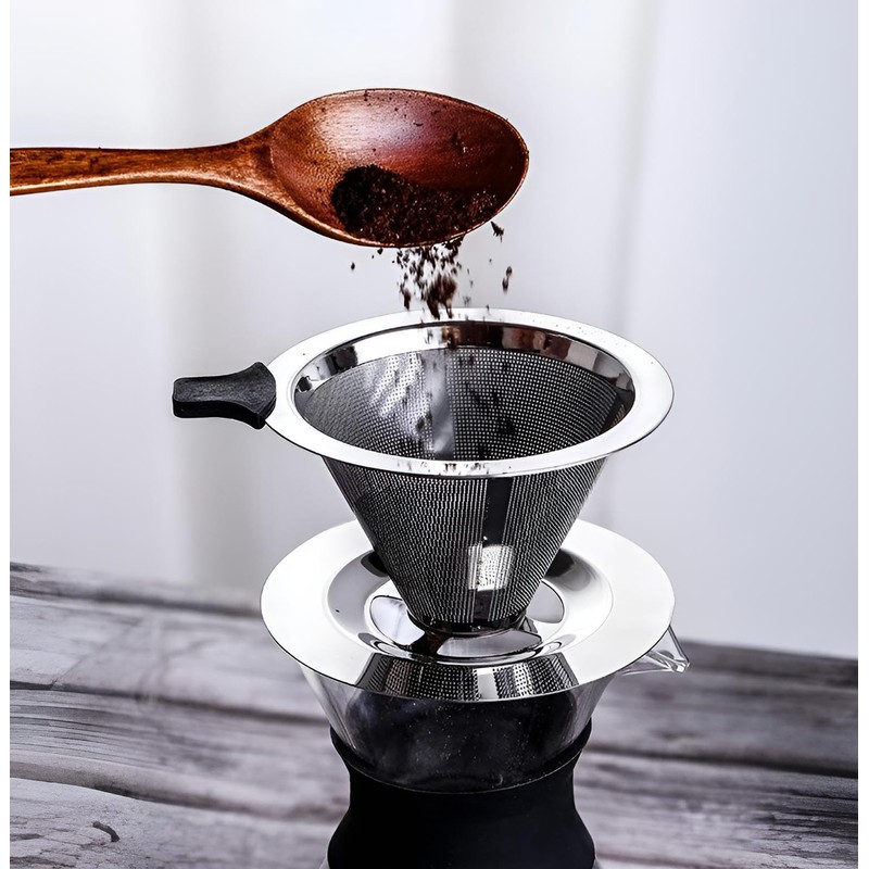 Stainless Steel Pour Over Coffee Filter Cone with Stand, Reusable