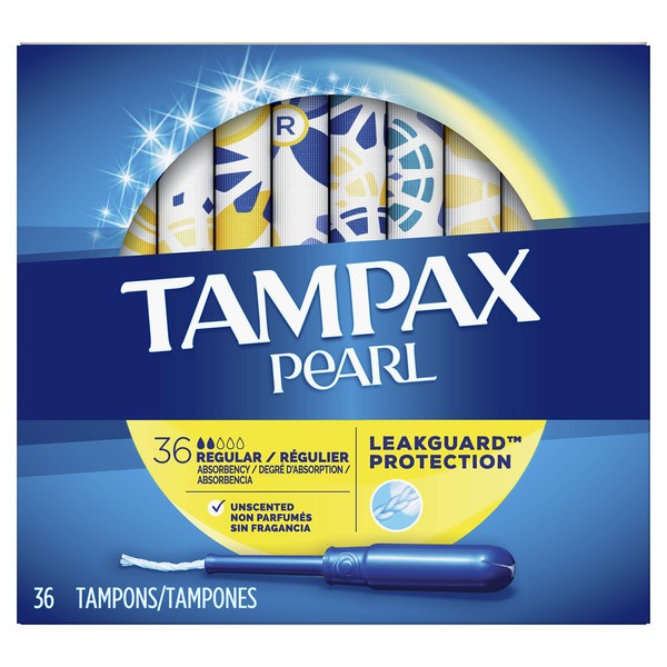 Tampax Pearl Tampons with Plastic Applicator, Regular Absorbency, Unscented, 36 Count