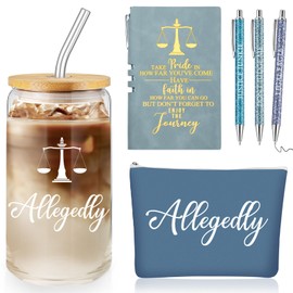 Domensi 6 Pcs Lawyer's Day Funny Allegedly Lawyer Gift for Women 2025 Graduation Judge Thank You Gift 16 oz Glass Cup Tumbler Makeup Bag Notepad Ballpoint for Paralegal Attorney Law Student(Blue)