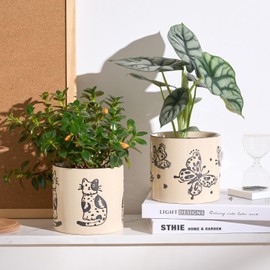 STHIE 5 Inch Ceramic Planters for Indoor Plants, Funny Small Plant Pots with Drainage, Unique Animal Decoration Flower Pot Butterfly Round Flowerpots (Cat)
