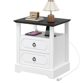 Farmhouse Nightstand with Charging Station, 21.3" End Table with 2 Drawers, Wooden Side Table with Storage, Large Bedside Cabinet for Bedroom, White
