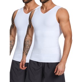 MISS MOLY 2 Pack Gynomastica Tummy Control Undershirt V Neck Compression Shirt for Men Slimming Vest Tank Tops Shapewear 2*White 3XL
