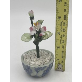 NOS Vtg Asian Glass Flower Tree Blue White Decoupaged Pot Cherry Blossom