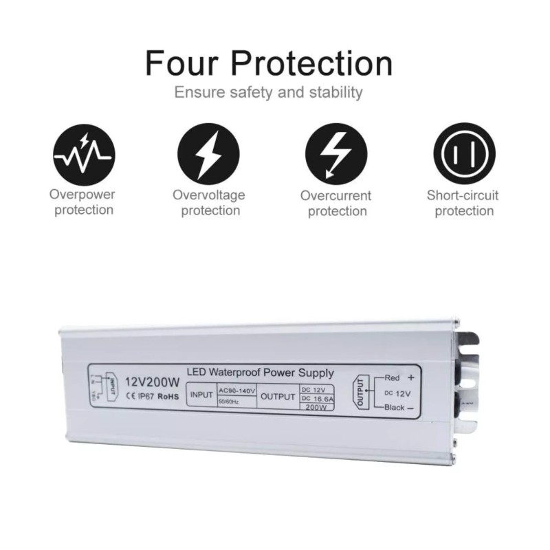 DC LED Power Supply, 200W IP67 Waterproof Outdoor Driver,AC 90-140V