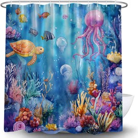 JOFKAXU Blue Ocean Shower Curtain Marine Life Beach Sea Turtle Cute Jellyfish Colorful Coral Watercolor Underwater Animal Bathroom Curtain with Hooks