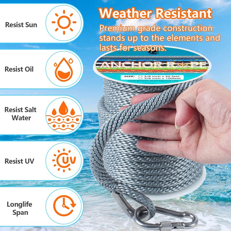 3/8 Inch 100 FT Anchor Rope, Boat Anchor Rope Solid