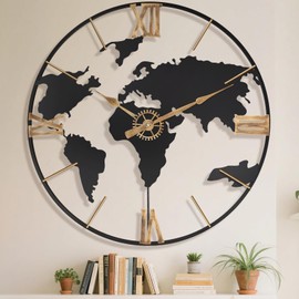 Pytha Sight 24 Inch Large Wall Clock,Modern Decorative Big World Map with Vintage Gold Roman Numeral Extra Giant Metal Oversized Wall Clocks for Living Room,Office,Kitchen,Dining Room,Bedroom