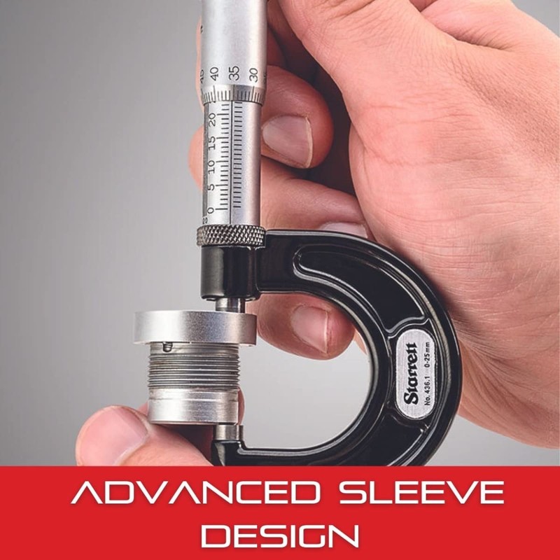 Starrett Outside Micrometer with One-Piece Spindle, Satin Chrome Finish and