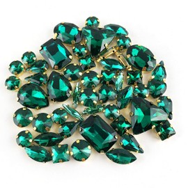 Worlds 50PC Mix Shapes Sew On Crystal Rhinestone Flatback Gold Claw Setting Glass Sew On Crystal Rhinestone for Clothes&Bags, Shoes,DIY Crafts 8mm~ 18mm(Emerald)