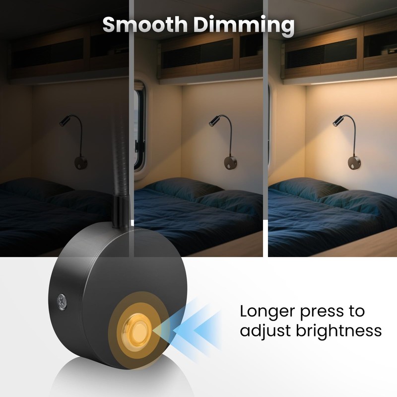 12V Dimmable LED RV Reading Light, 3-Mode USB Gooseneck Lamp