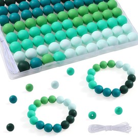 Song Xi 15mm Silicone Beads,5 Styles Green Silicone Beads for Keychain Making, 90PCS Focal Beads for Bracelet, Round Rubber Beads for Pens, Silicone Beads Bulk Crafts Making with Elastic Strings