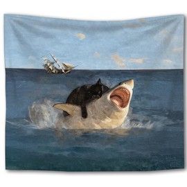 Foritho Fat Black Cat vs. Shark Tapestry, Vintage Renaissance Funny Cat Meme Tapestry Wall Hanging, Nautical Ocean Shark Wall Tapestries for Bedroom Living Room Home Decor, 50x60 Inch
