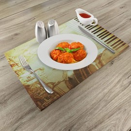 Lunarable Music Place Mats Set of 4, Print of Piano Keys on Background Notes Image Nostalgia Jazz Theme Monochrome, Washable Fabric Placemats for Dining Table, Standard Size, Yellow and Black