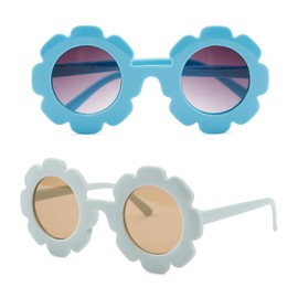 Girls Flower Sunglasses Kids Round Flower Sunglasses Glasses Outdoor Cute Beach Kids Party Sunglasses Bulk Round Flower Sunglasses Eyewear for Kids Flower Sunglasses(2 Pieces Blue Grey Green Brown)