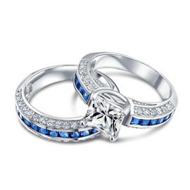 Personalize 3CT Art Deco Style Blue Square Princess Cut Solitaire Clear AAA CZ Engagement Anniversary Wedding Ring Set .925 Sterling Silver Customizable