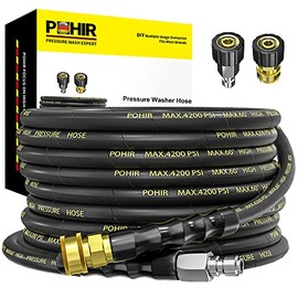 POHIR Power Washer Hose 25FT x 1/4 Inch with 3/8" Quick Connector, High Tensile Wire Braided Heavy Duty Kink Resistant High Pressure Hose 4200PSI, 2 Pcs M22 to 3/8 Adapters Set Accessories