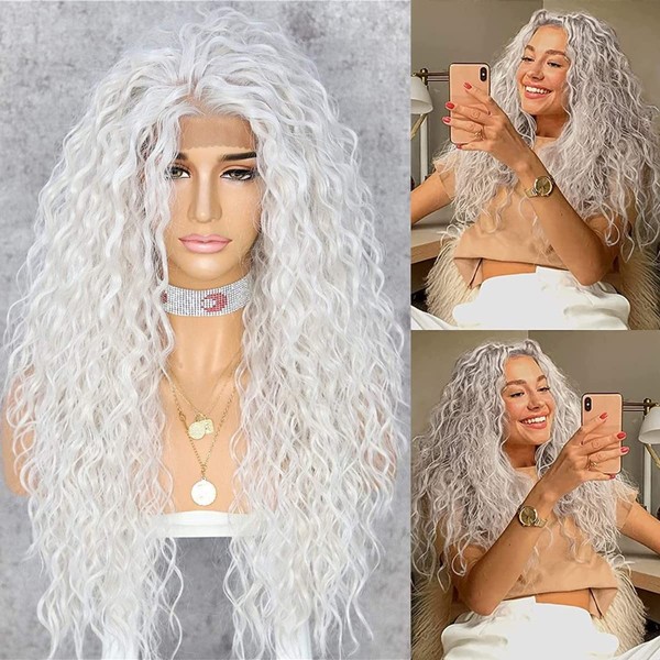 Sapphirewigs White 60# Color Small Curly Women Daily Makeup Kanekalon Wedding Cosplay Heat Resistant Hair Synthetic Lace Front Party Wigs With Baby Hair