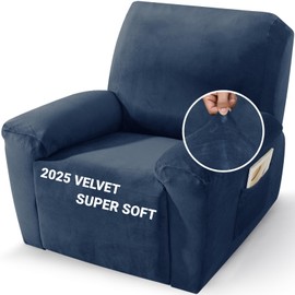 ZNSAYOTX 2025 Velvet Oversized Recliner Cover 3-Piece, Luxury Plush Recliner Chair Covers with Elastic Band & Ties Stay in Place, Stretch Reclining Slipcover for Lazy Boy Soft Washable (Navy Blue)