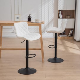 YOUNIKE Bar Stools White Set of 2 Adjustable Swivel Bar Chairs High Back Counter Stools PU Leather Soft Cushion Square Grid 8 Mins Quick Assembly Loads Up to 300lbs