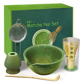 Matcha Whisk Set, 5 Pcs Ceramic Matcha Kit, Traditional Matcha Bowl with Spout, Matcha Tea Set Handcrafted Bowl, Bamboo Whisk, Tea Spatula - Japanese Tea Kit for Matcha Lovers (Kiln-Glazed Green)