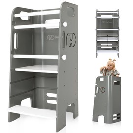 Heypappy Toddler Standing Tower, 3 Levels Adjustable Height Toddler Stool Helper with Removable Safety Rail, Closed Back & Anti-Slip Strips, Wooden Kids Step Stool for Learning