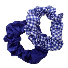 Topkids Accessories 2pc Gingham and Plain Small Scrunchie Set, School Uniform Hair Accessories, Girls, Ladies Ponytail Holder, Dia. 8cm/3.15" (Royal Blue)