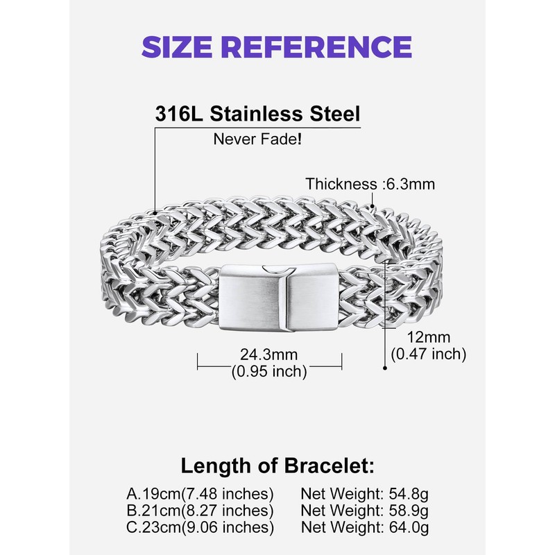 Richsteel Stainless Steel 12MM Franco Chain Bracelet for Men Punk