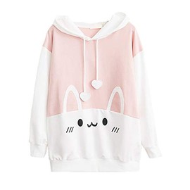 Packitcute Bunny Hoodie Kawaii Print Loose Casual Pullover Hoodie Tops (White, M)