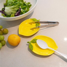 SEICASAYA Lemon Ceramic Spoon Rest, Set of 2 Decorative Kitchen Utensil Holders, Yellow Countertop Protector with Green Leaf Design, 15.5cm x 10.8cm (Yellow Lemon)