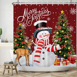 Canessioa Merry Christmas Shower Curtain Cute Snowman Elk Xmas Trees Gift Box Shower Curtains Snowflake New Year Shower Curtain Sets for Bathroom 72x72 in with 12 Hooks
