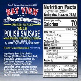 Bay View Smoked Pickled Polish Sausage, Individually Wrapped, No MSG, Gluten Free, No Soy, 0g Sugar, 6g Protein, Hardwood Smoked, Mouthwatering Pickled Snack (16 Count, Mild)
