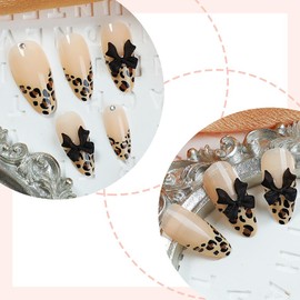 Bow Press On Nails Medium Almond Fake Nails Black With Leopard Print Design Bow Charms False Nails Glossy Reusable Full Cover Artificial Glue On Nails Nude Stick On Nails For Women Girl 24pcs